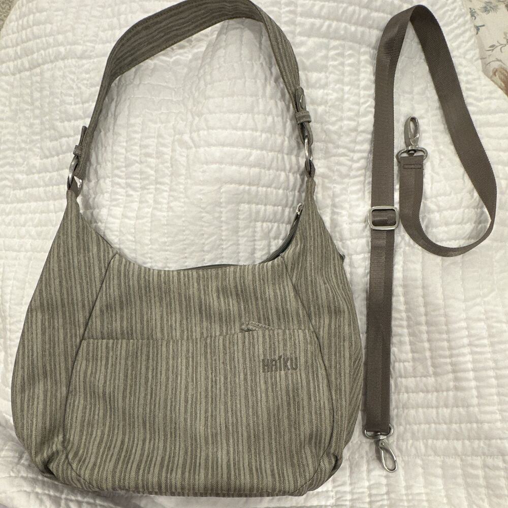 Haiku Gray Striped Shoulder Bag Adjustable Detachable Strap Pockets Zip